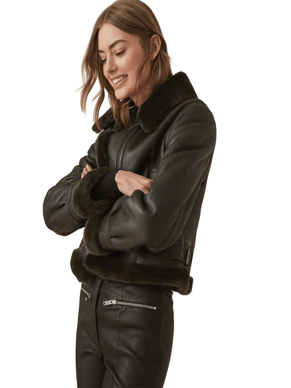 Nightshade Aviator B-3 Bomber Womens Sheepskin Jacket with Arctic Grace