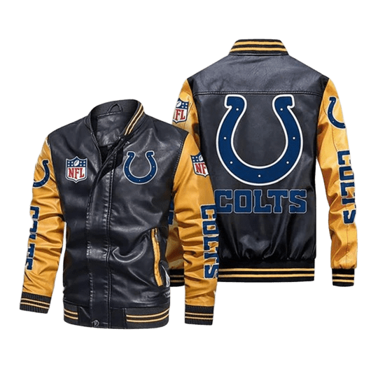 Indianapolis Colts Leather Bomber Jacket, NFL Biker Style with Sticker Patch
