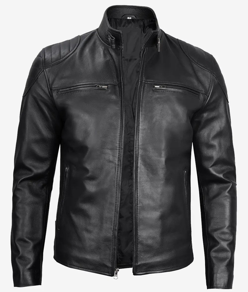 Mens Black Leather Biker Jacket, Modern Café Racer with Padded Shoulder