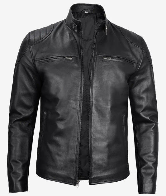 Mens Black Leather Biker Jacket, Modern Café Racer with Padded Shoulder