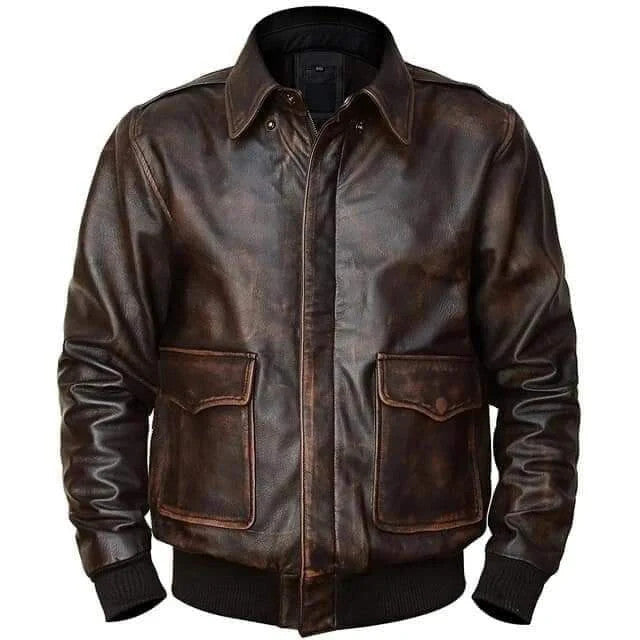 Mens A2 Distressed Brown Leather Jacket, Airforce Aviator Bomber Style