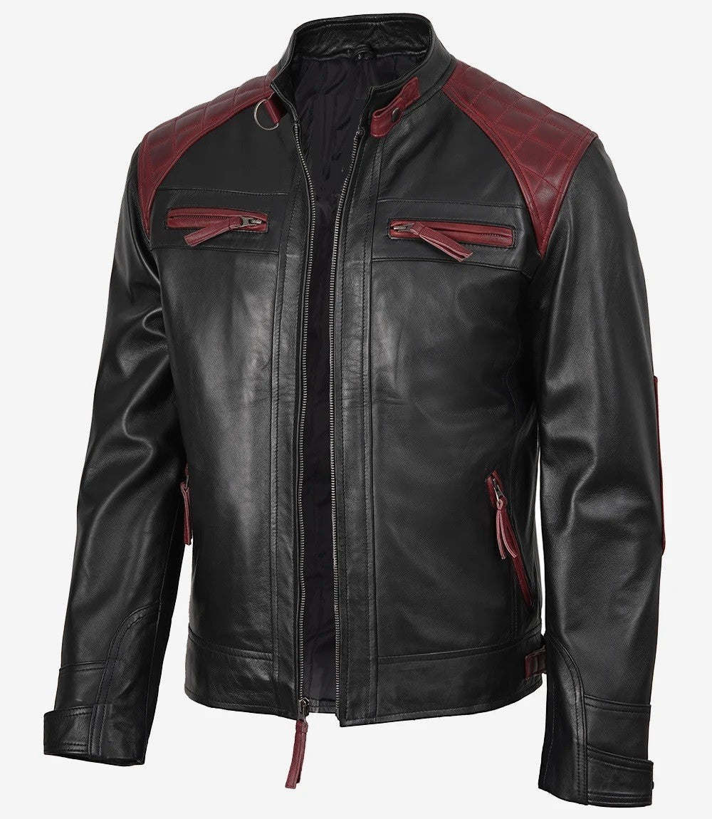 Mens Black and Maroon Leather Jacket, Café Racer Style with Quilted Shoulders