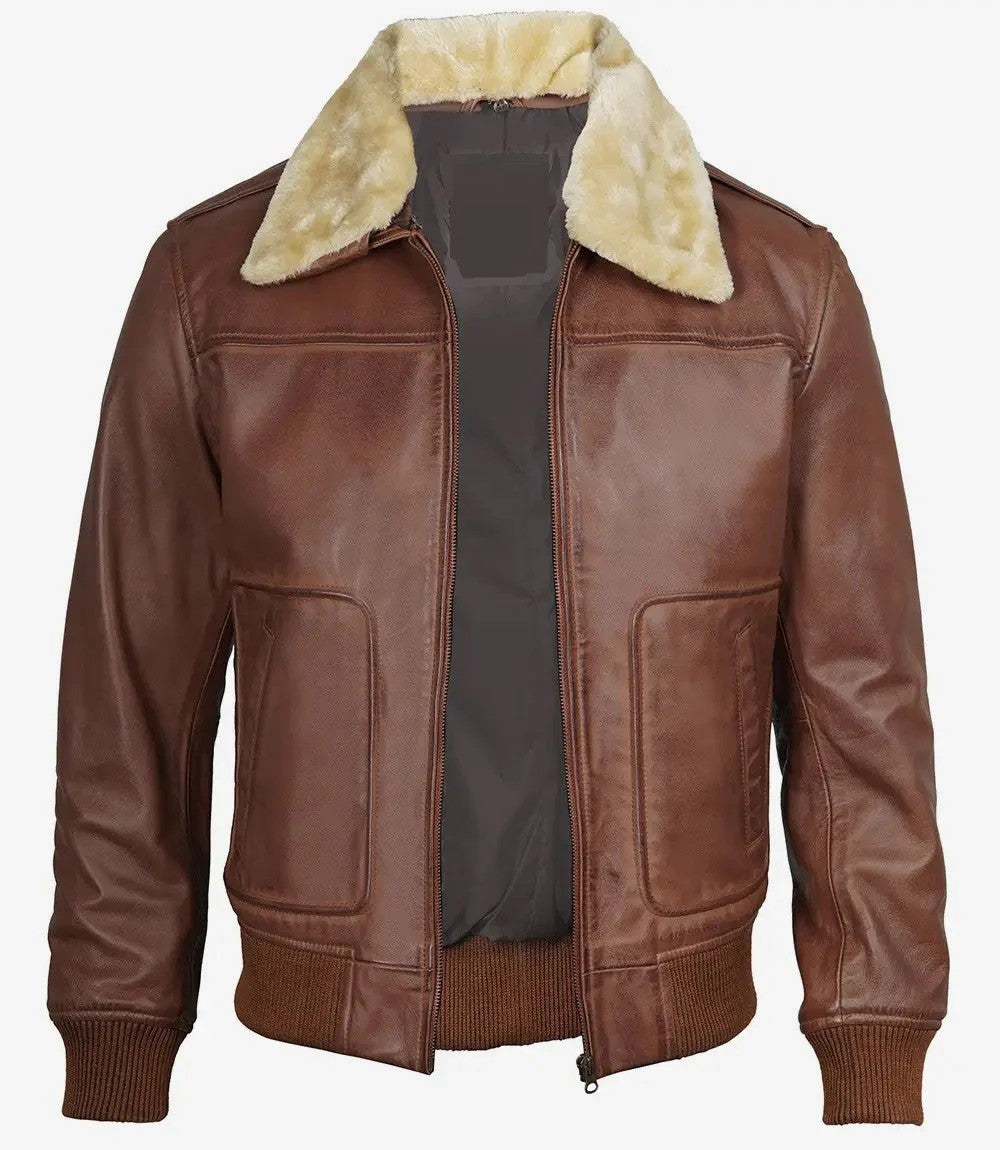 Mens Cognac Leather Aviator Jacket, Classic Bomber Style with Fur Collar