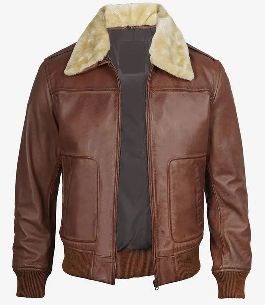 Mens Cognac Leather Aviator Jacket, Classic Bomber Style with Fur Collar