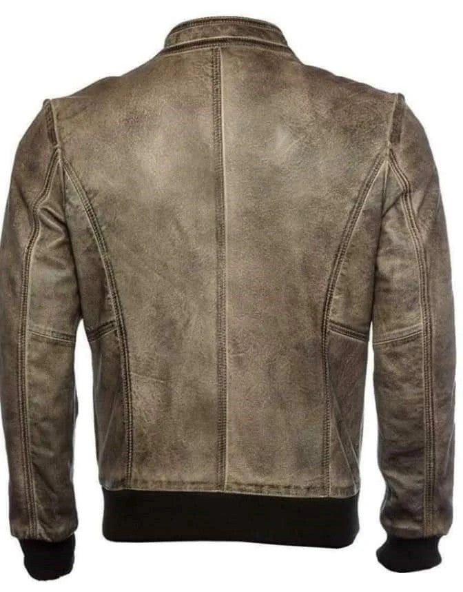 Mens Ashborne Jacket Grey Distressed Leather, Rib Knit Trim, Vintage Biker Cut