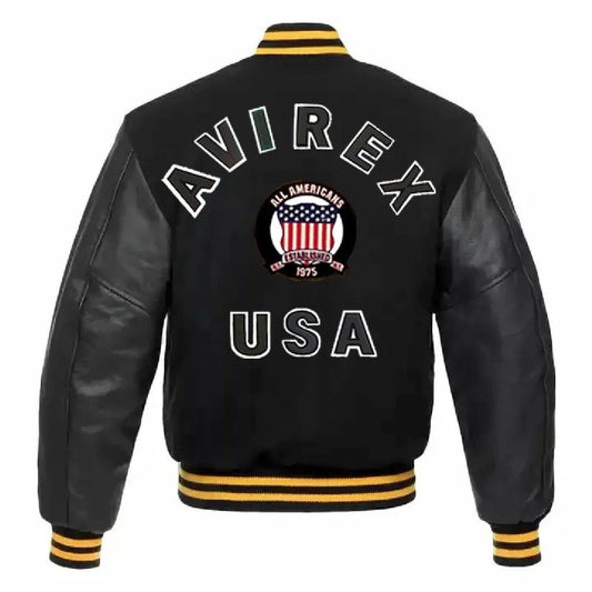 Avirex Wool Bomber Leather Sleeve Varsity Jacket, USA Patch, Streetwear Style