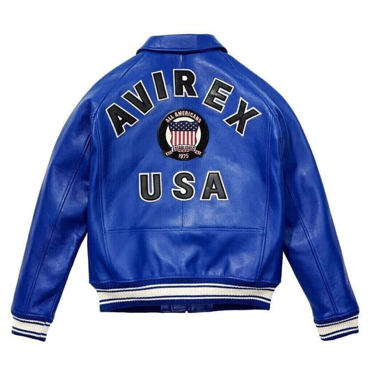 Mens Blue Avirex Real Leather Bomber Jacket American Flight Leather Jacket