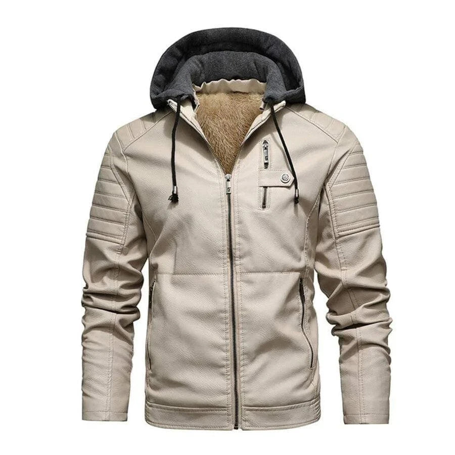 Mens Hooded White Leather Biker Jacket Slim Fit Bomber Style Coat