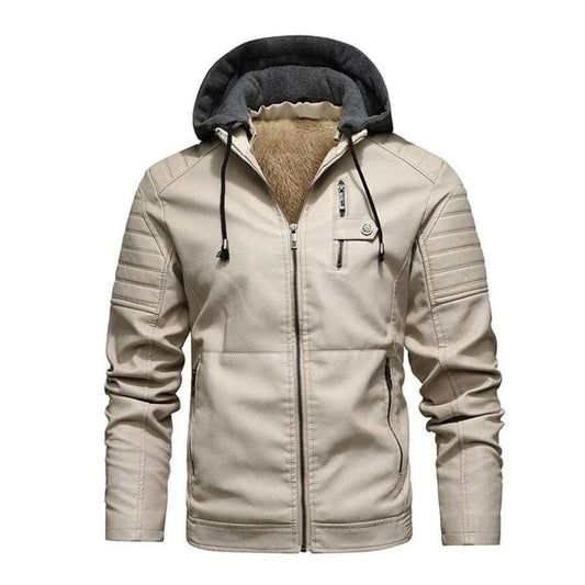 Mens Hooded White Leather Biker Jacket Slim Fit Bomber Style Coat