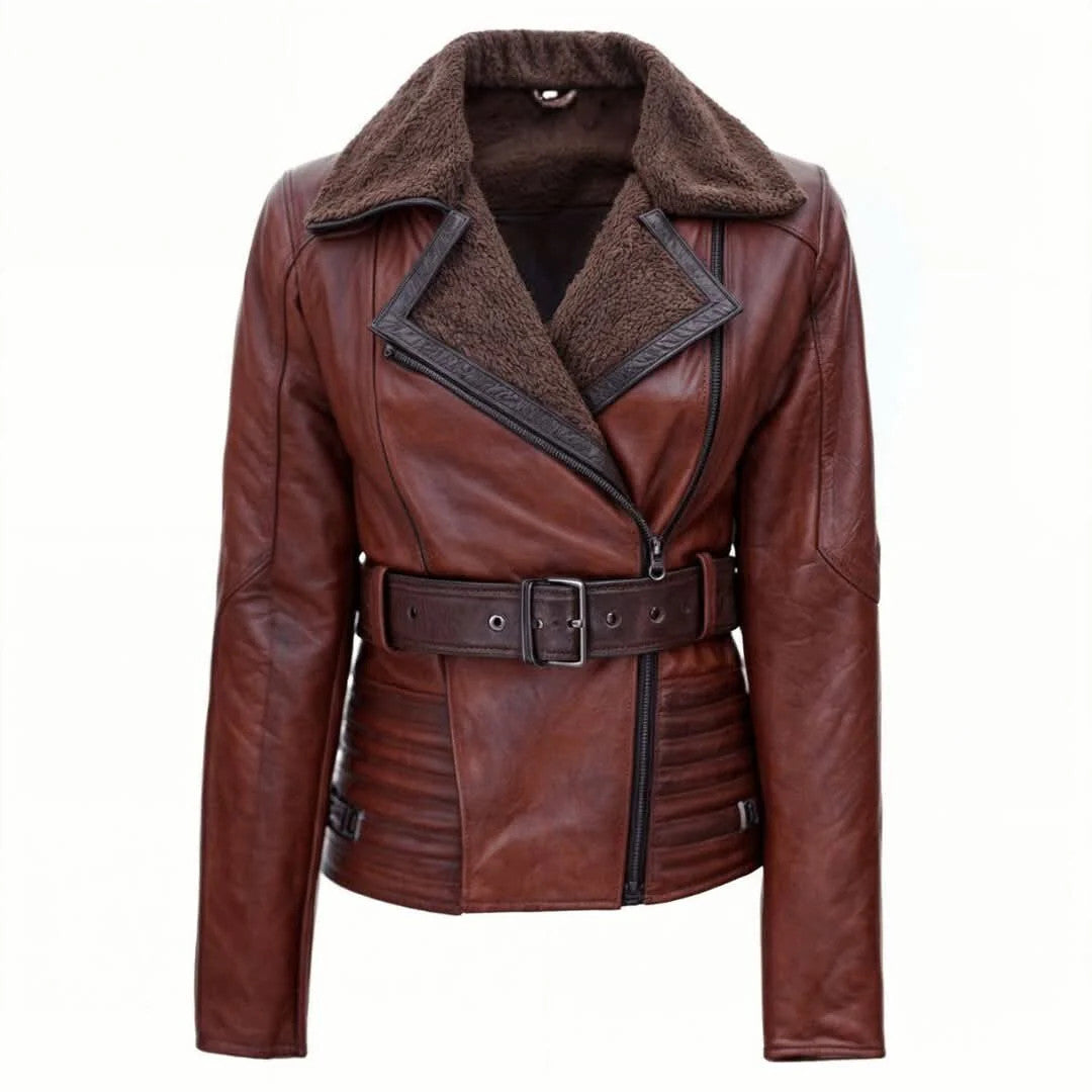 Women’s Brown Leather Jacket High Collar Shearling Lapel Motorbike Style