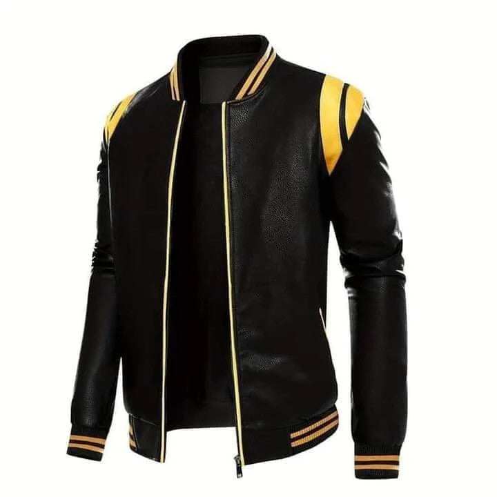 Mens Black Leather Jacket with Yellow Stripes Stylish Biker Fashion Outerwear