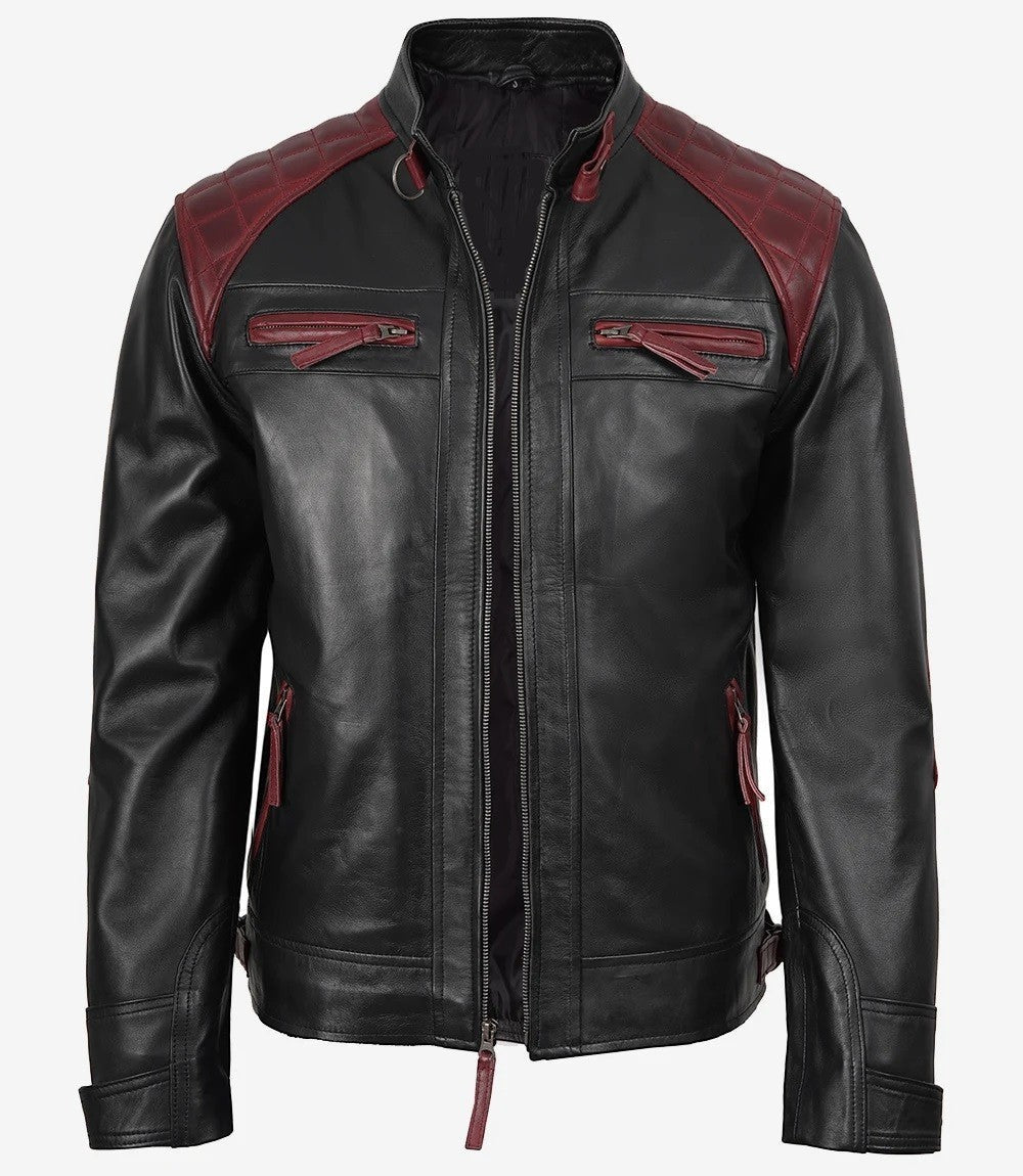 Mens Black and Maroon Leather Jacket, Café Racer Style with Quilted Shoulders