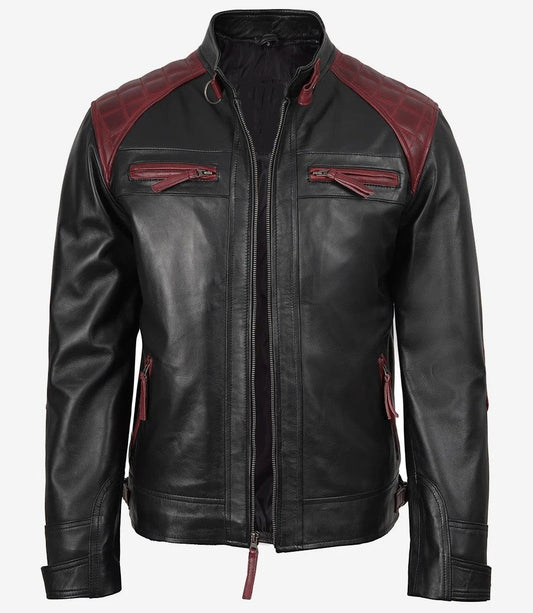 Mens Black and Maroon Leather Jacket, Café Racer Style with Quilted Shoulders
