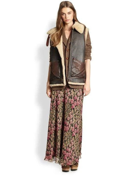 Winged Serenity Aviator Vest Distressed Shearling Leather for Women