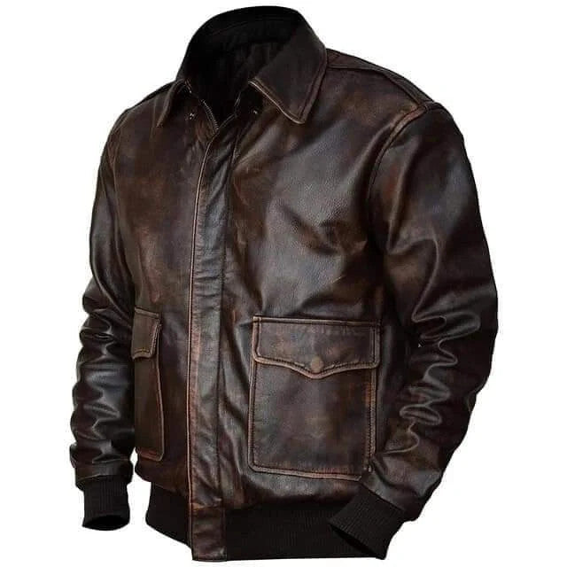 Mens A2 Distressed Brown Leather Jacket, Airforce Aviator Bomber Style