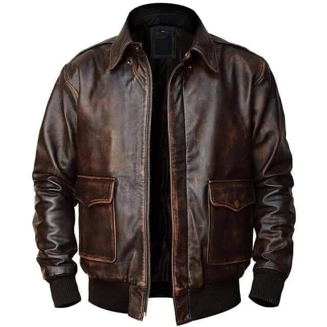 Mens A2 Distressed Brown Leather Jacket, Airforce Aviator Bomber Style