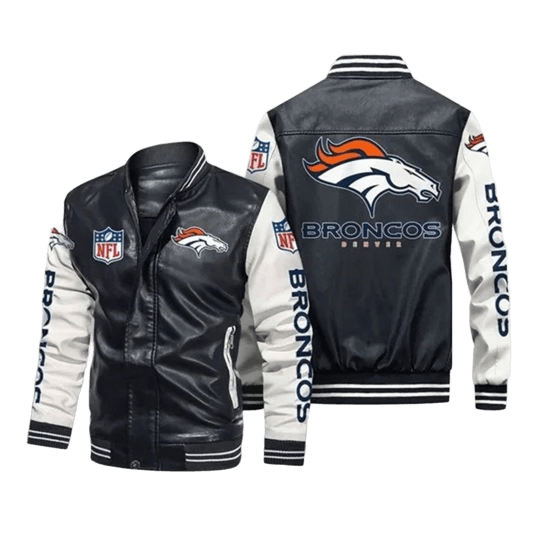 Denver Broncos NFL Leather Bomber Jacket, Mens Fan Gear with Sticker Patch