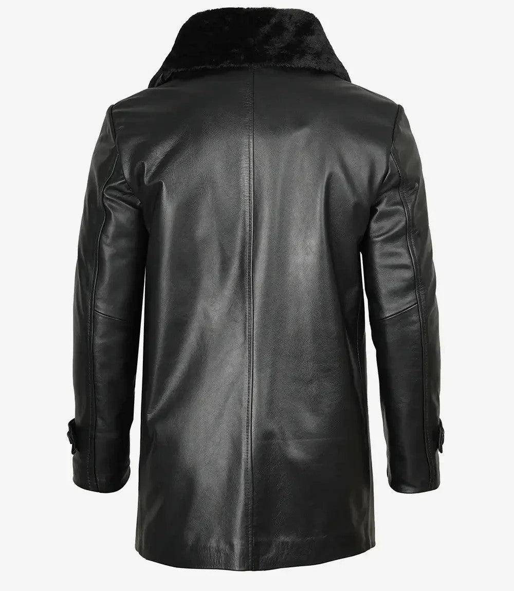 Mens Black 3/4 Length Leather Coat, Classic Vintage Look with Fur Collar