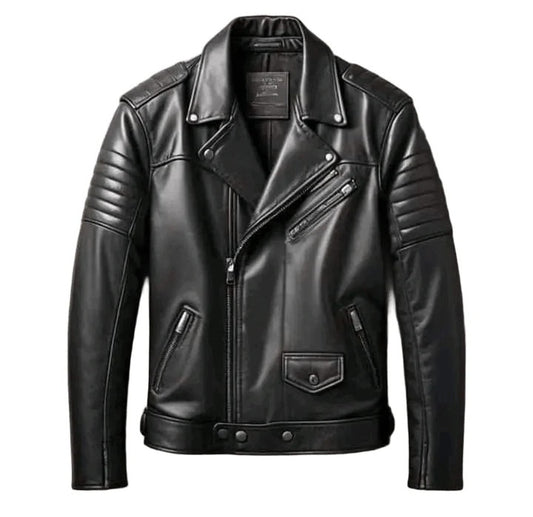 Black Brando Leather Jacket Mens Classic Biker Slim Fit Retro Style