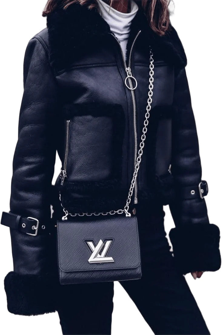 Stylish Moto Coat for Women Shearling Aviator Short Parka