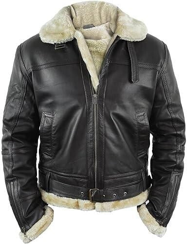 Mens RAF B3 Aviator Bomber Jacket Leather Flight Coat with Fur