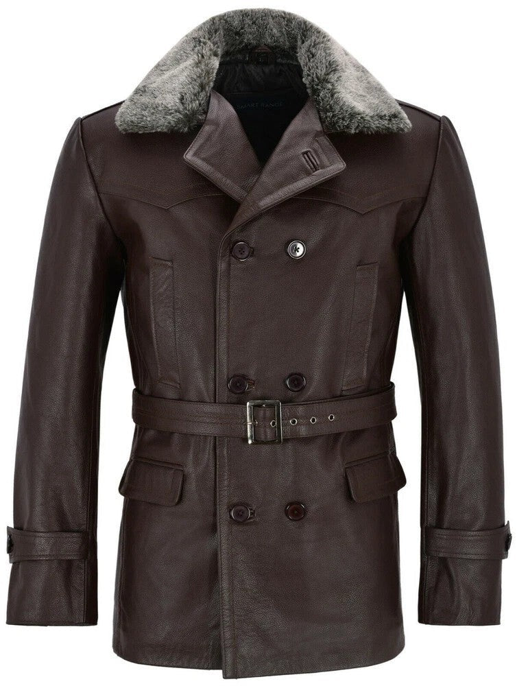 Mens Handmade German Peacoat Real Leather Artificial Fur Collar