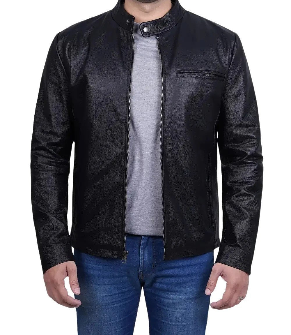 Mens Black Leather Biker Jacket, Heavy-Duty Motorcycle Riding Gear