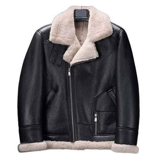 Mens B3 Black Shearling Bomber Leather Jacket, Beige Fur Collar, Aviator Style