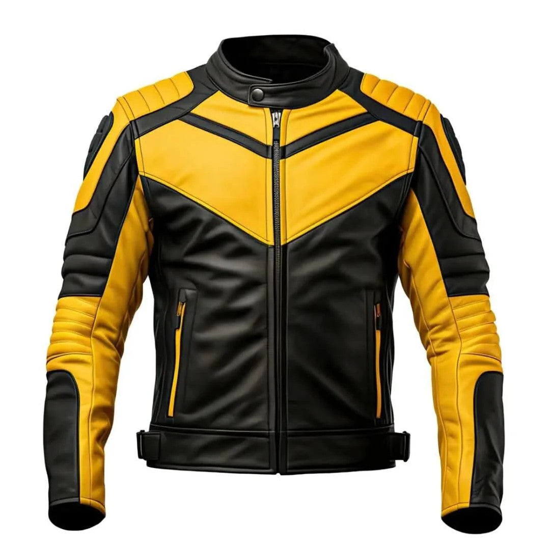 Mens Black and Yellow Bomber Jacket Motorcycle Jacket with Stand Collar