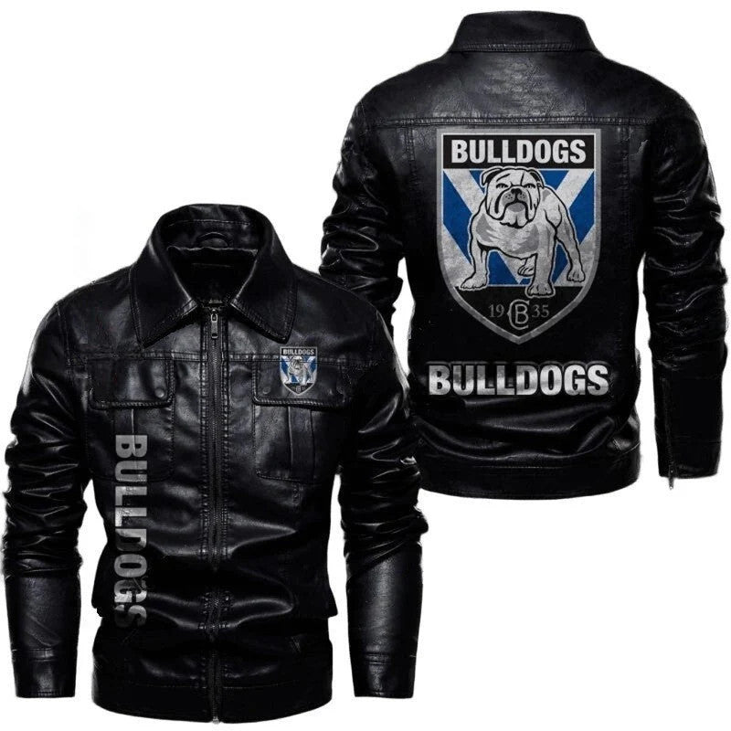 Bulldogs Leather Jacket, Urban Look with Flap Pockets and Iconic Sticker Patches