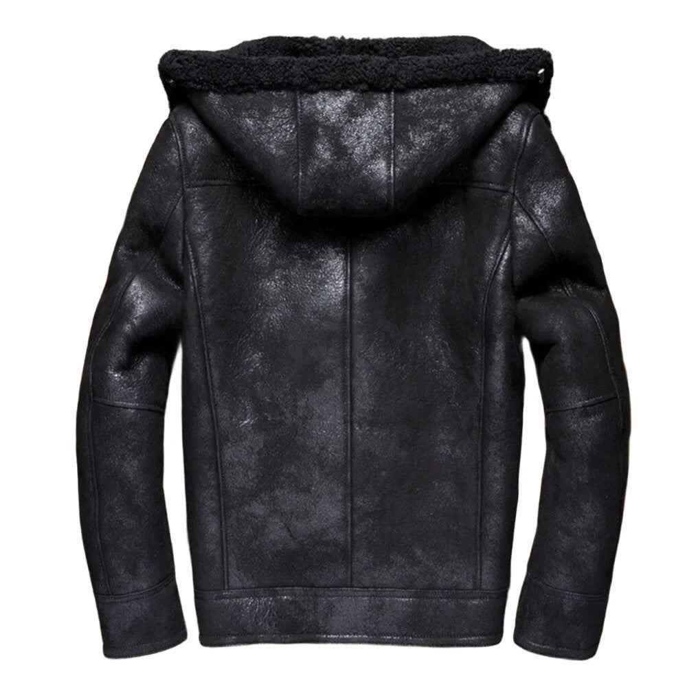 Black Hooded Shearling Jacket for Men Real Leather Bomber Cold Weather Gear