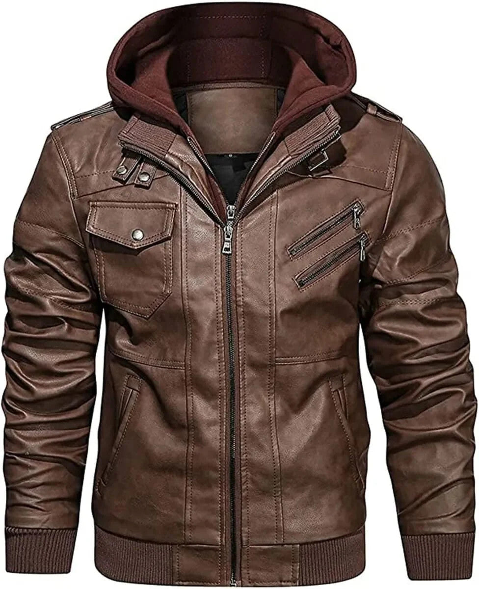 Hood Crew Men’s Casual Stand Collar Leather Zip-Up Bomber Jacket