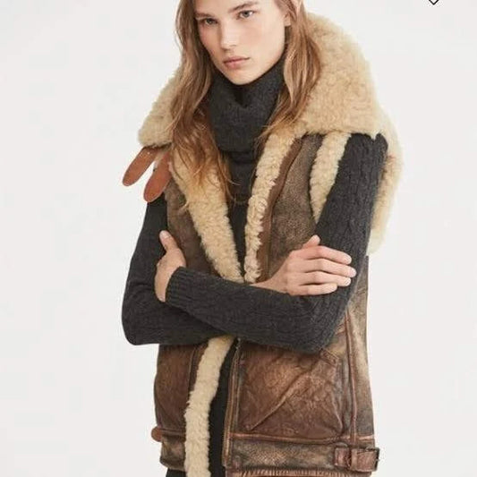 Shearling Storm Distressed Brown Womens Full-Zip Leather Vest