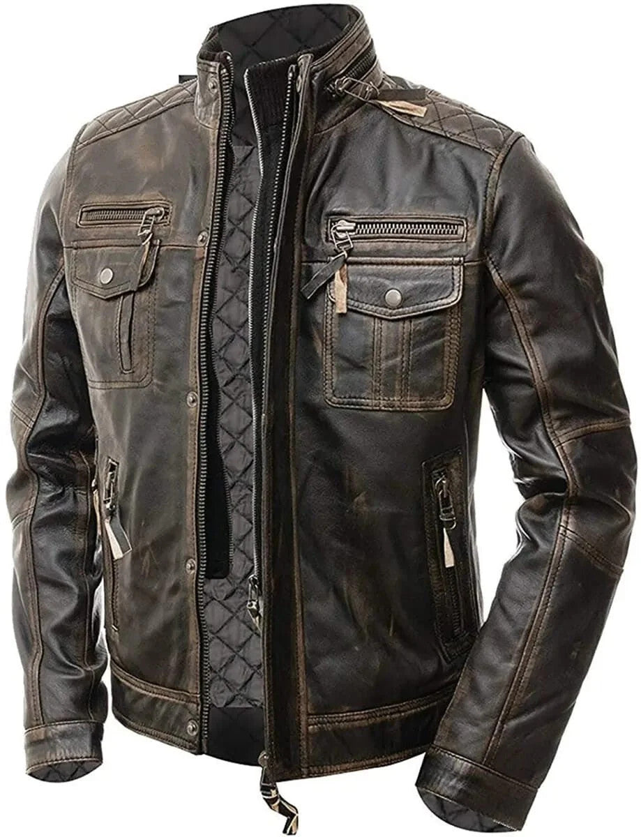 Men’s Motorcycle Biker Vintage Distressed Brown Cafe Racer Real Leather Jacket