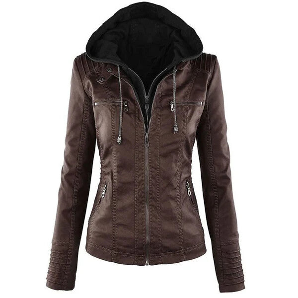 Women Leather Jacket Genuine Biker Moto Removable Hooded Leather Jacket