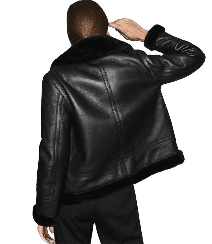 Rebel Refined Womens Shearling Black Leather Jacket with a Flip Twist