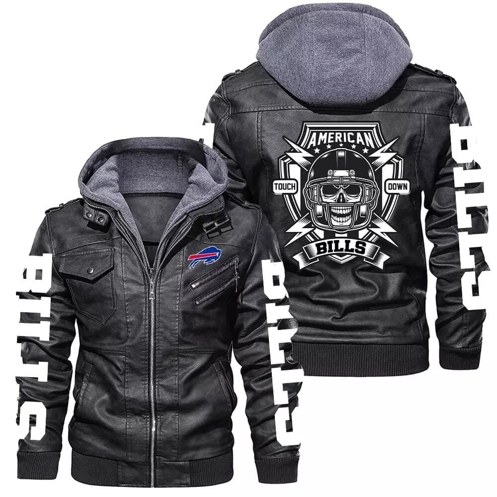 Buffalo Bills Leather Jacket Mens Bomber Vintage Motorcycle Coat, Sticker Patch