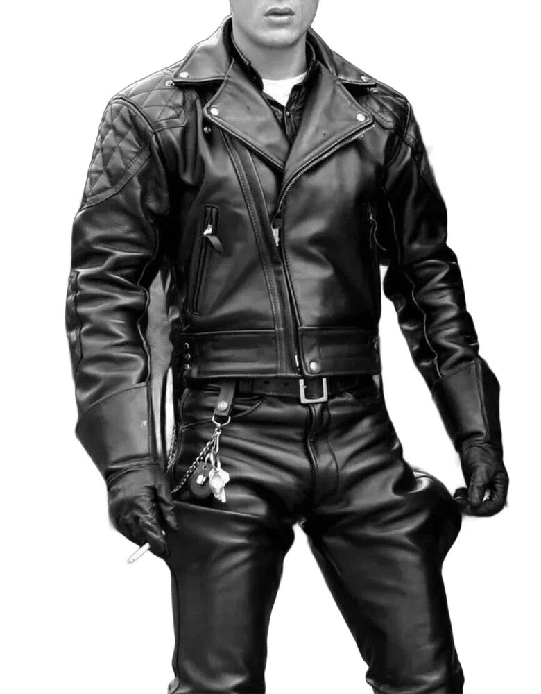 Mens Asymmetrical Slim Fit Full-Zip Quilted Black Biker Leather Jacket