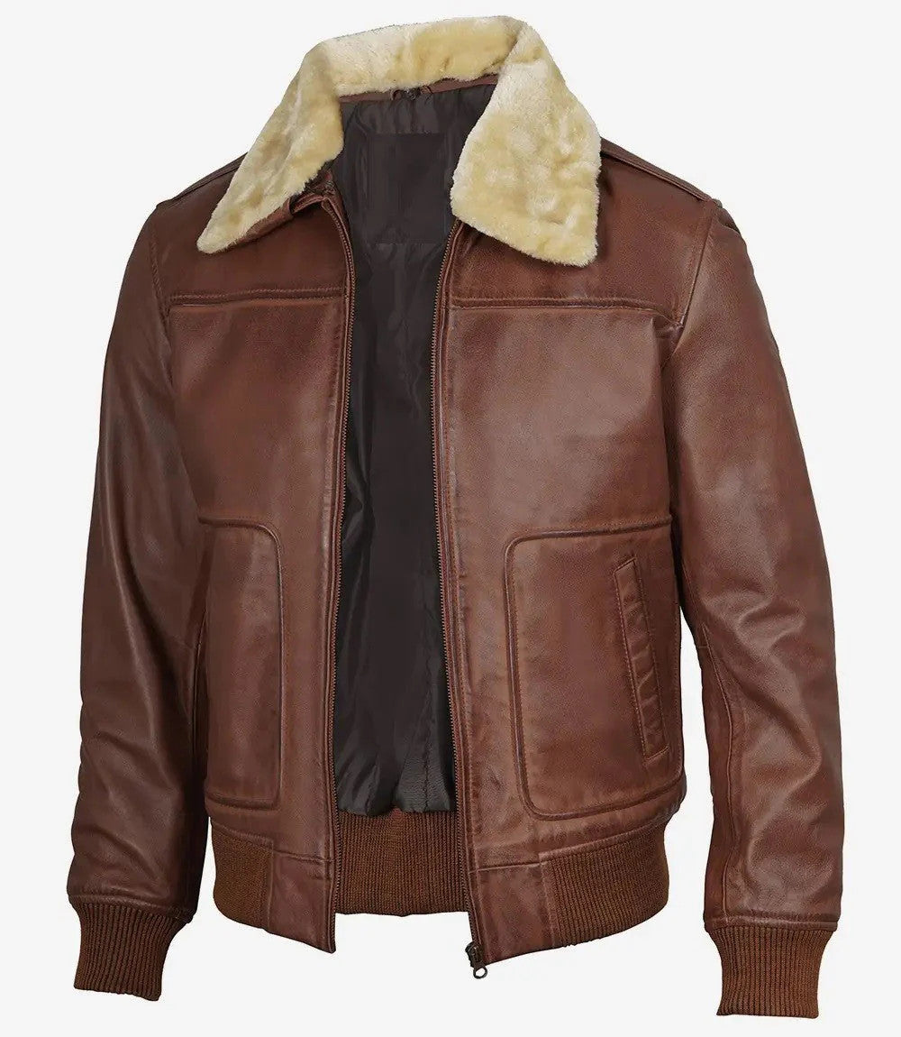 Mens Cognac Leather Aviator Jacket, Classic Bomber Style with Fur Collar