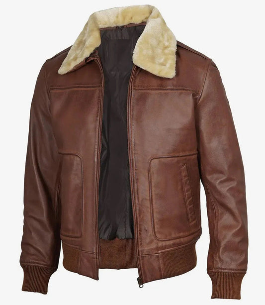 Mens Cognac Leather Aviator Jacket, Classic Bomber Style with Fur Collar