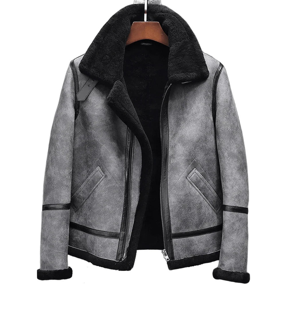 Icebound Alpha Sheepskin Aviator Jacket Grey Leather Bomber, Mountain Recon Fit