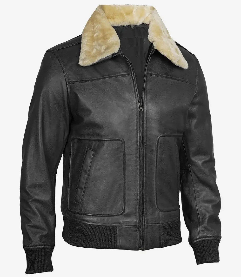 Mens Classic Black Leather Bomber Fur Collar and Tactical Streetwear Look
