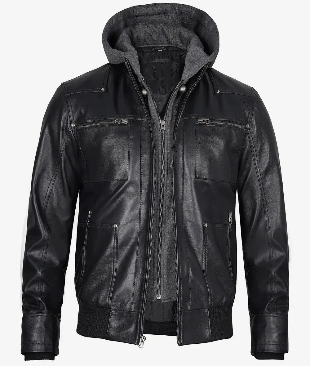 Mens Black Leather Bomber Jacket, Street-Ready Look with Removable Hood