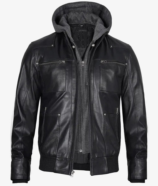 Mens Black Leather Bomber Jacket, Street-Ready Look with Removable Hood