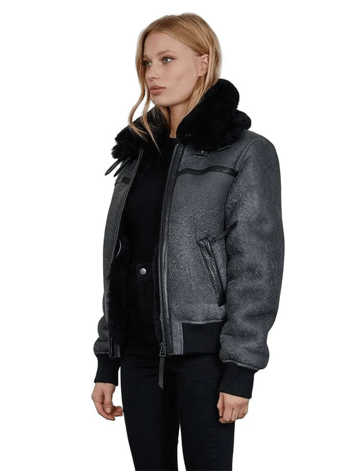 Skyfall Stone Womens Shearling Leather Jacket, Cosmic Warmth and Vintage Edge
