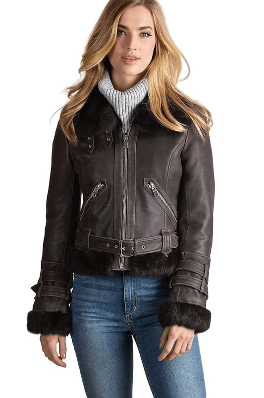 Arctic Muse Womens Sheepskin Shearling B-3 Bomber Jacket Vintage Leather Warmth