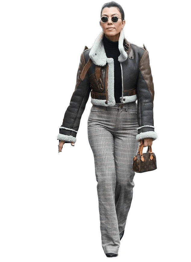 Kourtney Kardashian Style Womens B3 Cropped Shearling Leather Jacket