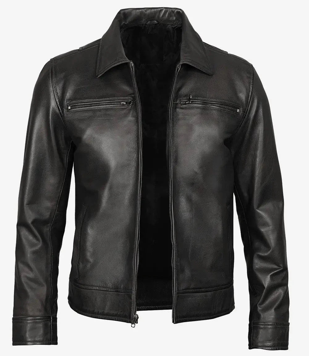 Black Shirt Collar Leather Jacket for Men, Timeless Cool Factor