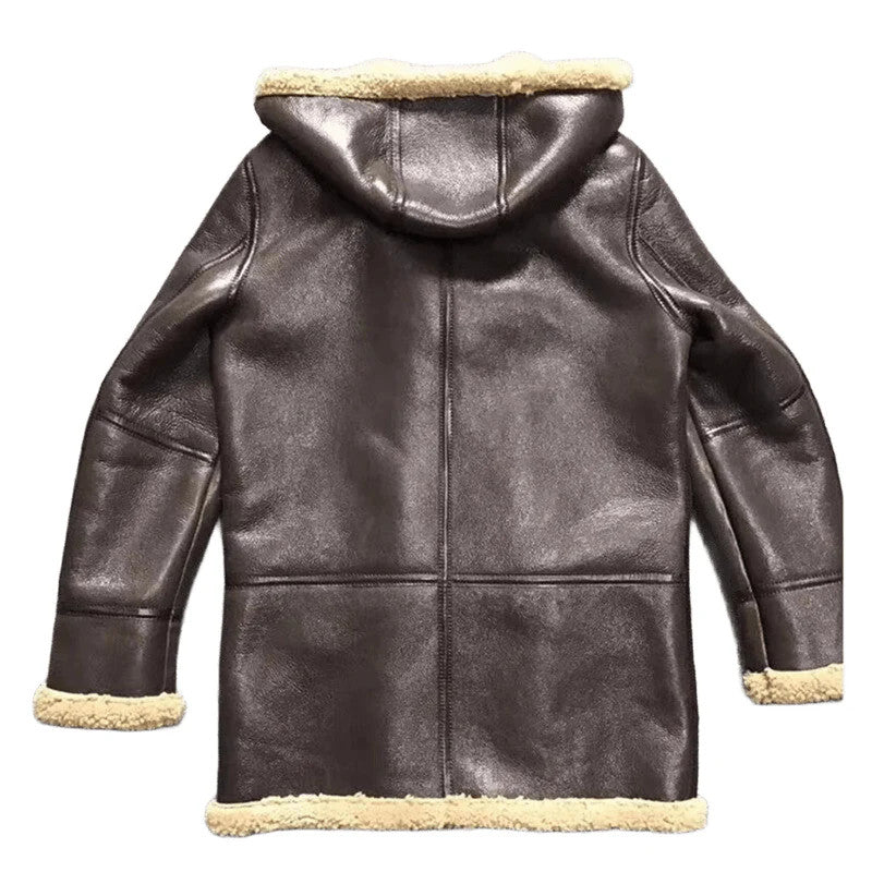 Frontier Flame Hooded Leather Shearling Coat for Men, Sun and Sand Tough
