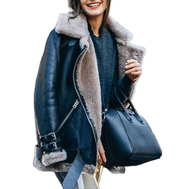 Winter Warrior Womens Black Aviator Jacket with Soft Grey Shearling